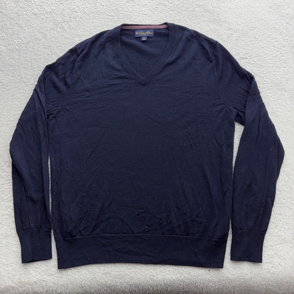 Brooks Brothers Mens Navy Blue 100% Merino Wool V-Neck Sweater Large L